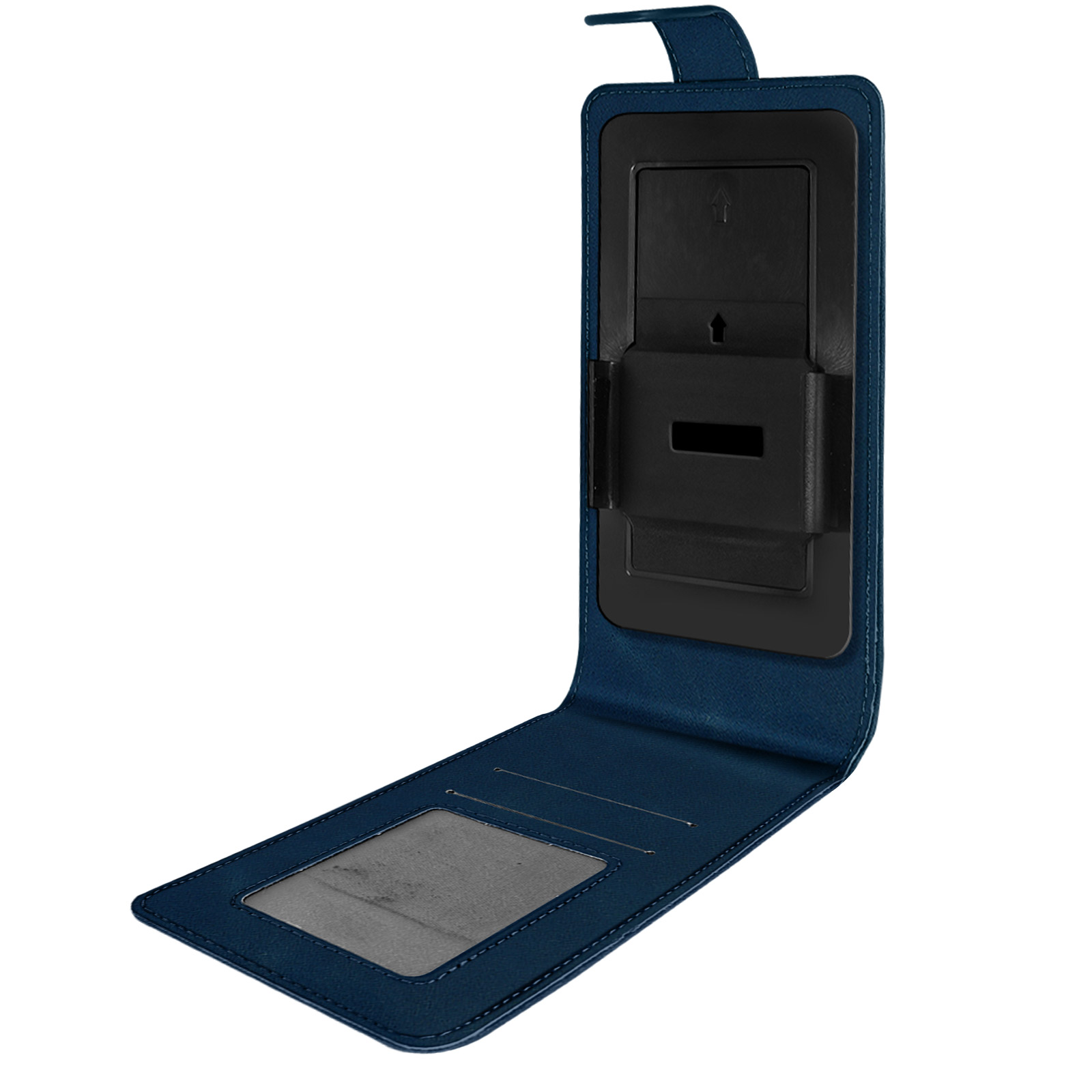 Custodia blu per telefono in posizione aperta. Interno nero con finestra trasparente.