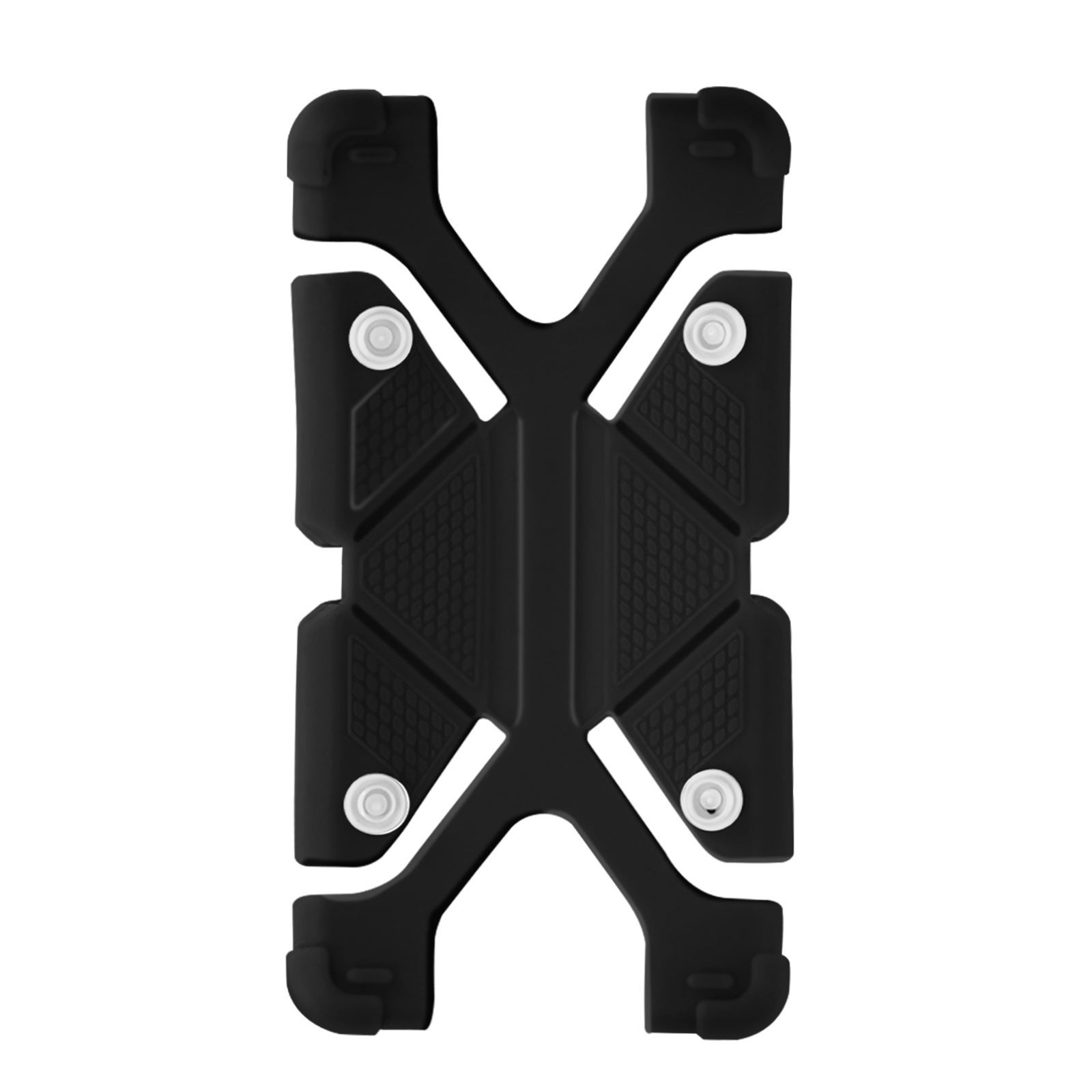 Schwarzer Telefonhalter mit X-Design, vier weißen Schrauben und strukturierter Oberfläche.