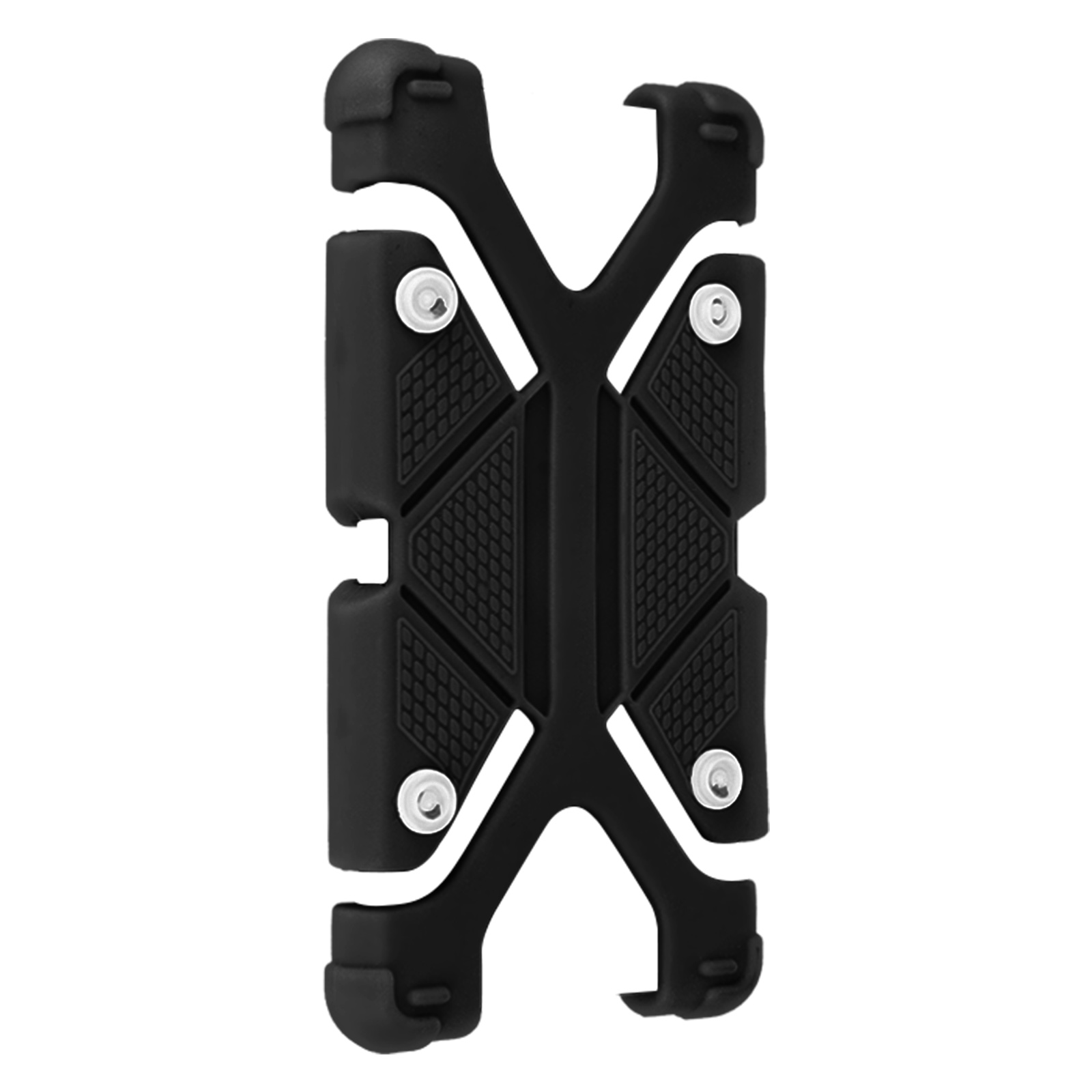 Schwarze Handyhülle mit X-förmigem Design und vier Schrauben. Gittermuster in der Mitte.