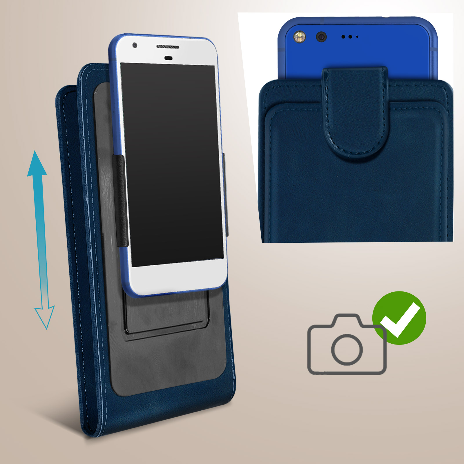 Un telefono in una custodia blu viene inserito. Un'icona di spunta indica la funzionalità della fotocamera.