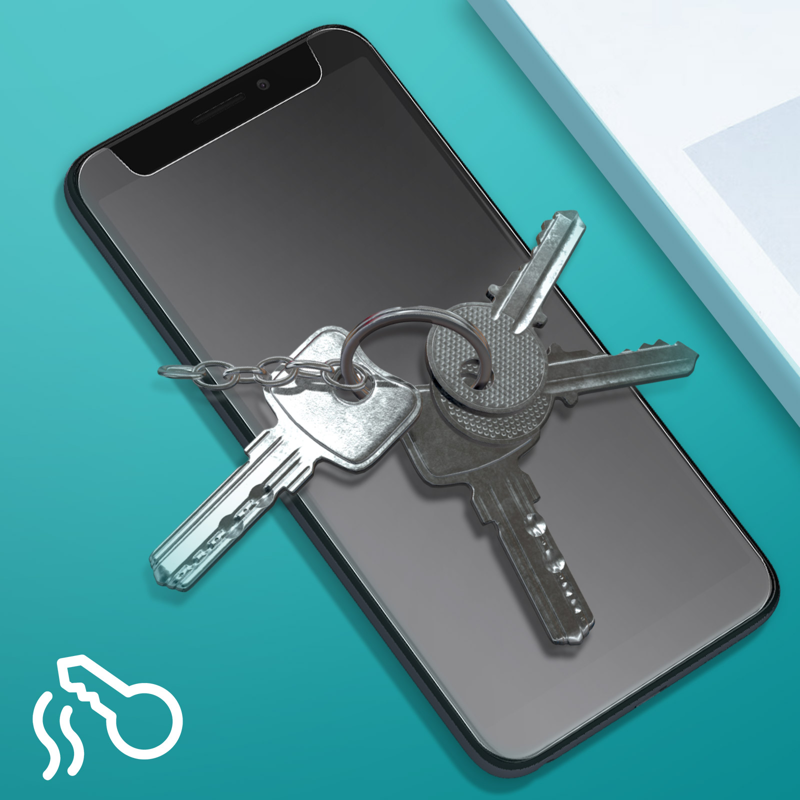 Uno smartphone con le chiavi sopra. Le chiavi sono su un anello. Sfondo bianco.