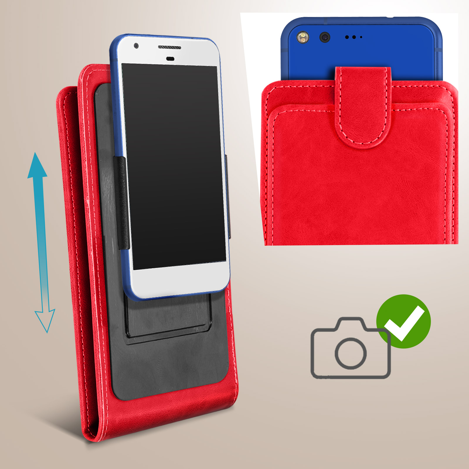 Una custodia per telefono rossa con un telefono bianco all'interno. Viene visualizzata un'icona della fotocamera con un segno di spunta.