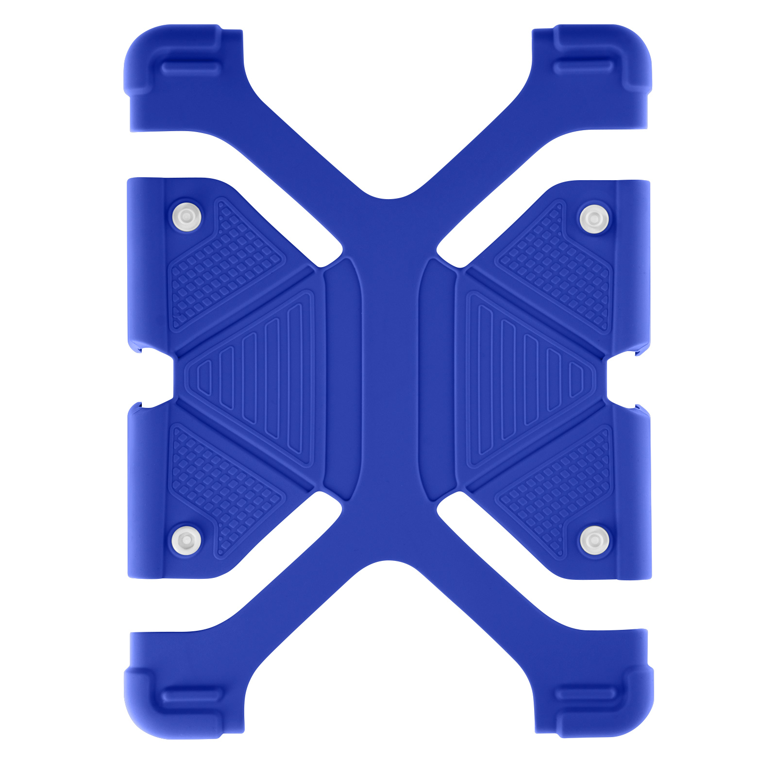 Blauer Tablethalter mit X-förmigem Design auf weißer Oberfläche.