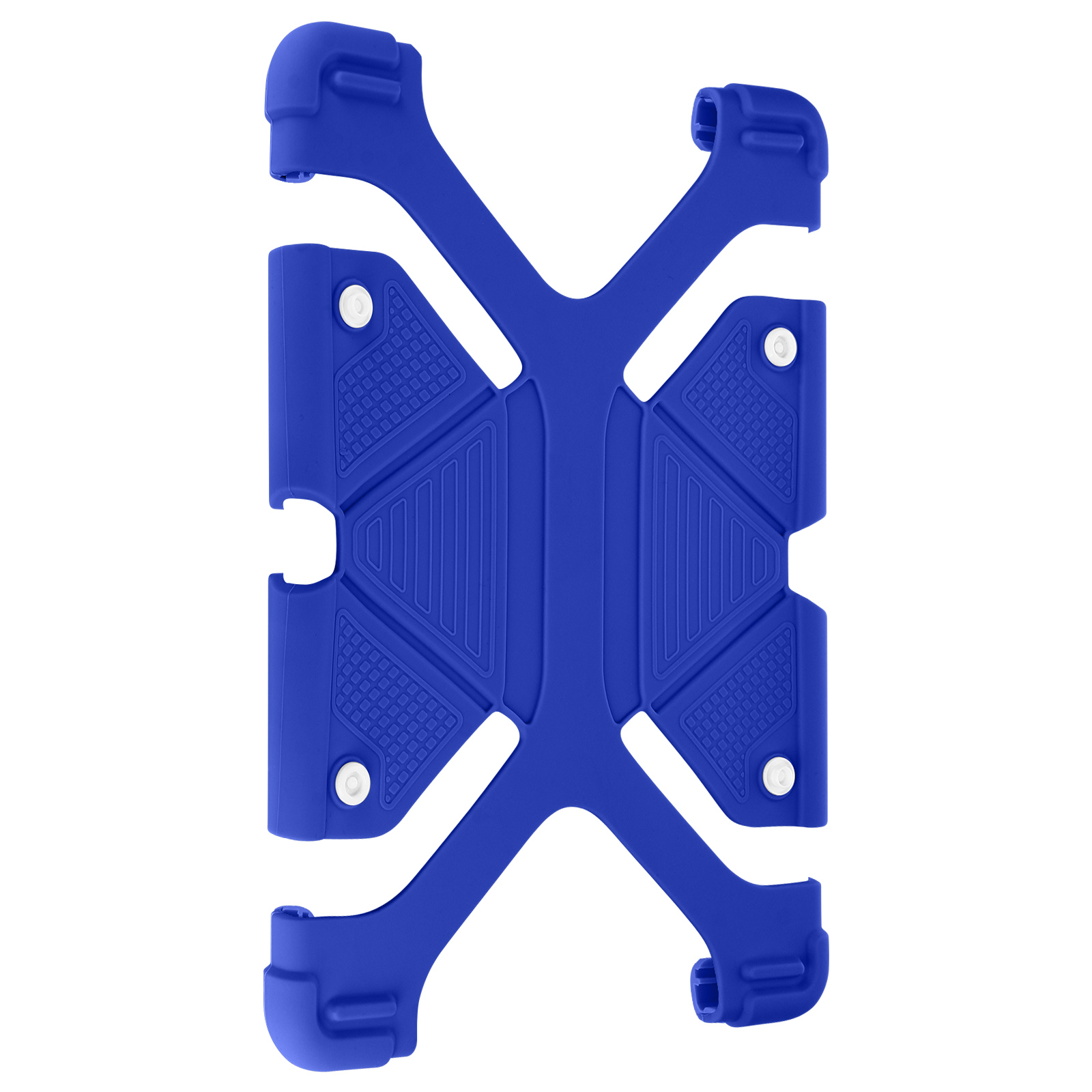 Eine blaue Handyhülle mit geometrischem Design und weißen Schrauben.