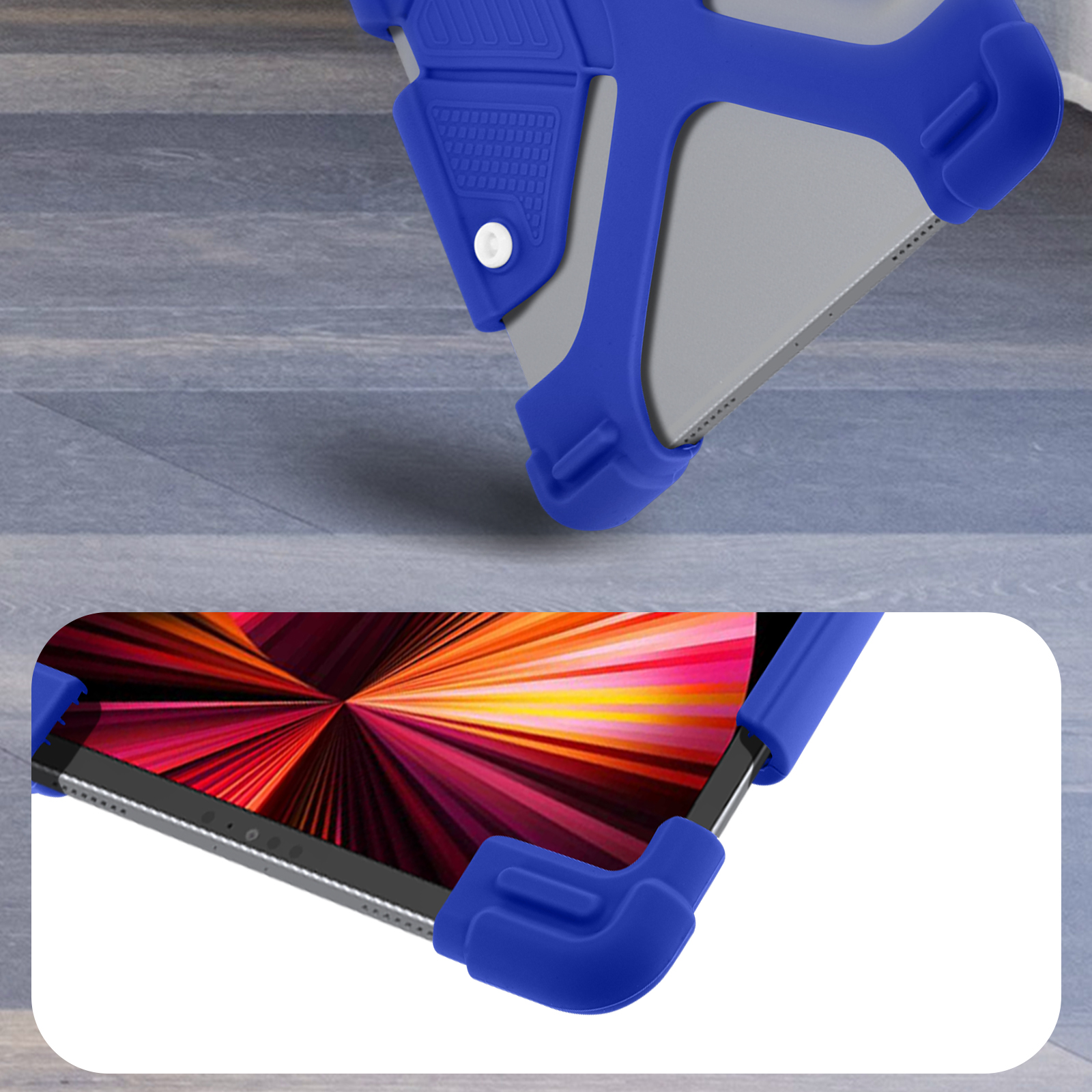 Blaue und graue Tablethülle, mit einem Tablet darin.