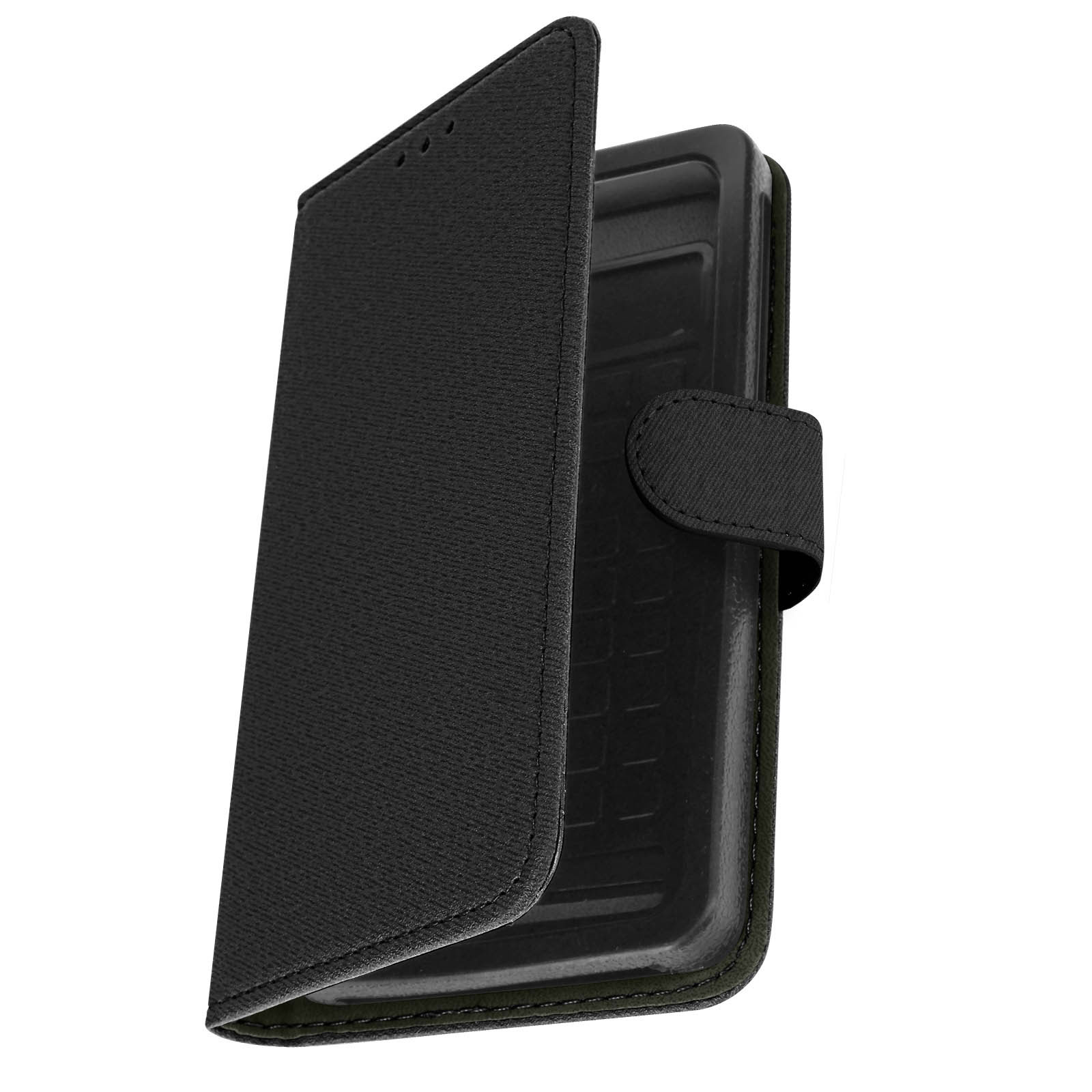 Schwarze Handyhülle, geöffnet, zeigt das Telefon im Inneren, mit einem schwarzen Riemen zum Verschließen.