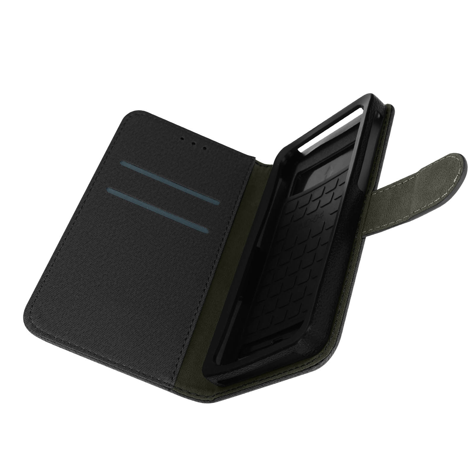 Geöffnete schwarze Handyhülle mit schwarzem Telefon. Die Hülle hat schwarzes Innenleben, grüne Ränder.