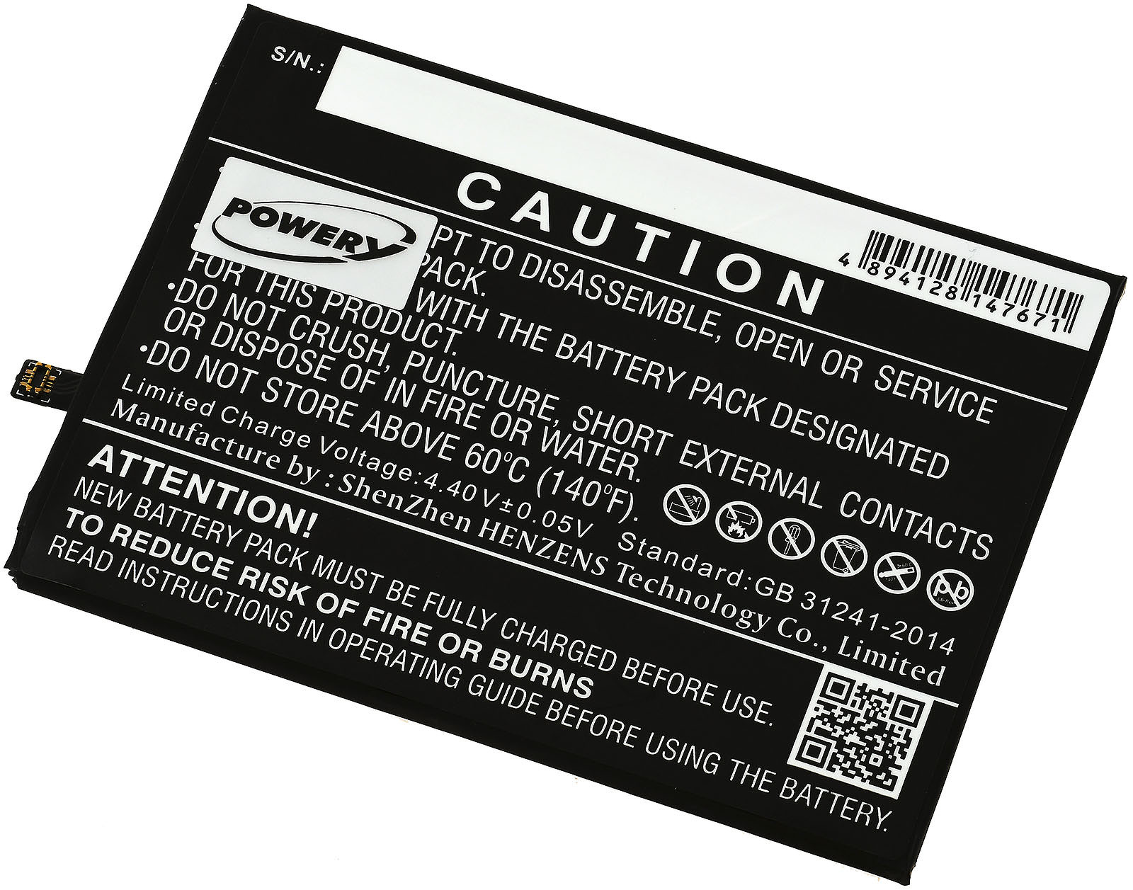 Paquete de baterías con advertencias. Etiqueta en blanco y negro con texto y símbolos.