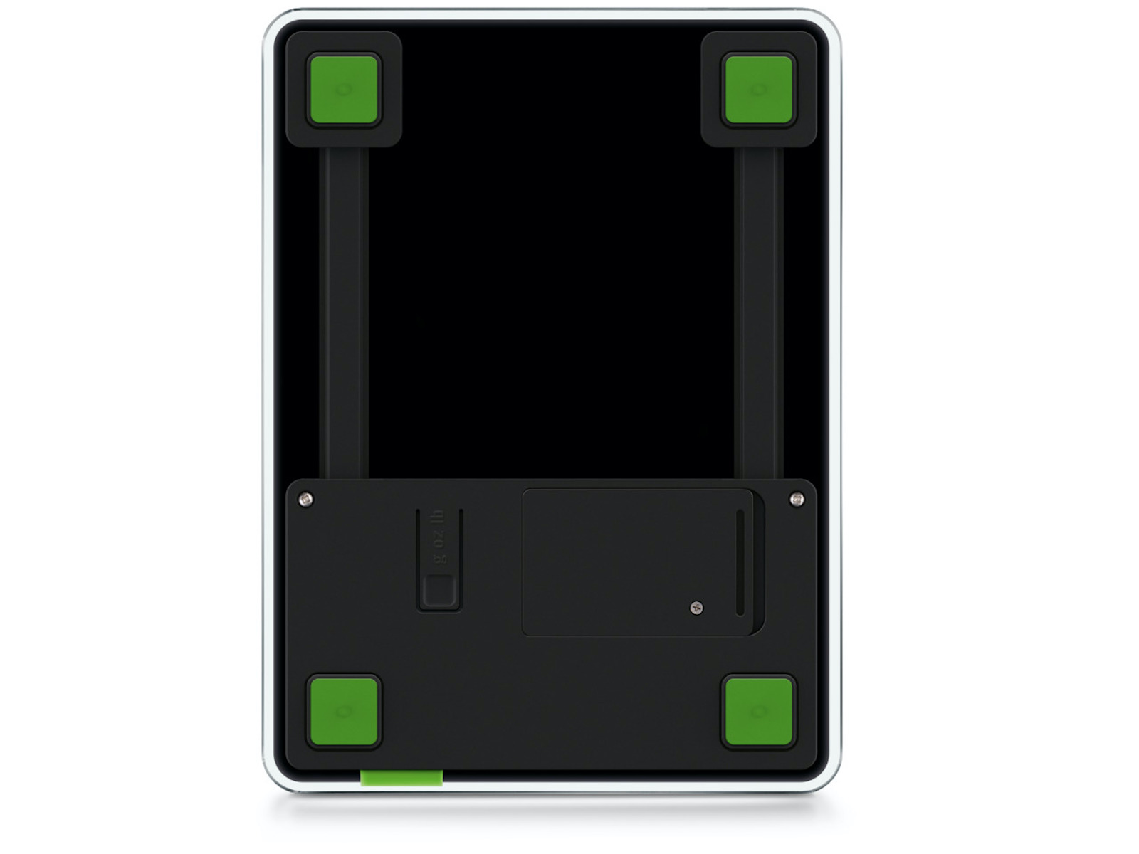 Widok od dołu czarnej i srebrnej wagi cyfrowej z zielonymi nóżkami.