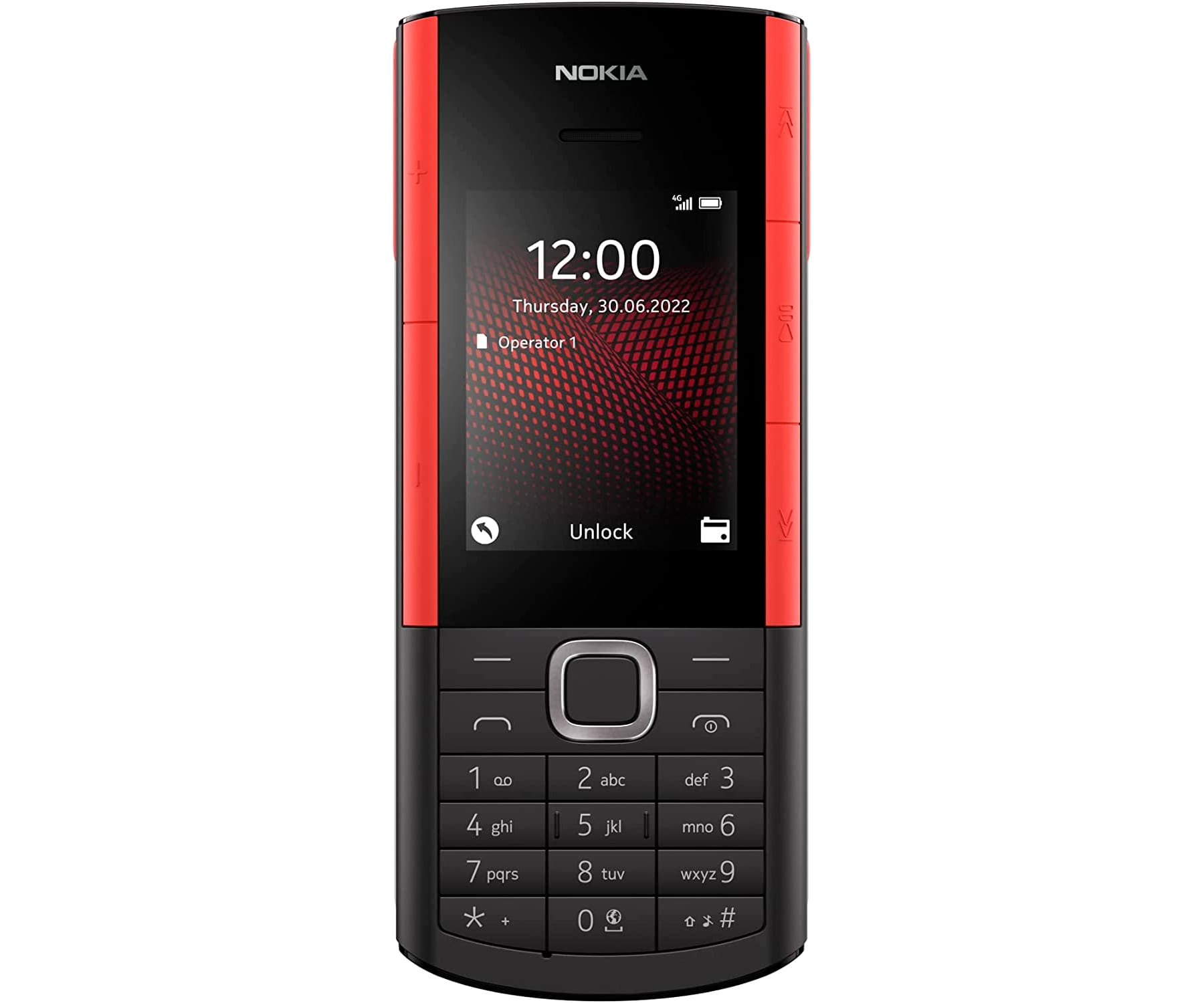 Teléfono Nokia negro con detalles rojos, mostrando la hora. Presenta teclado y pantalla.