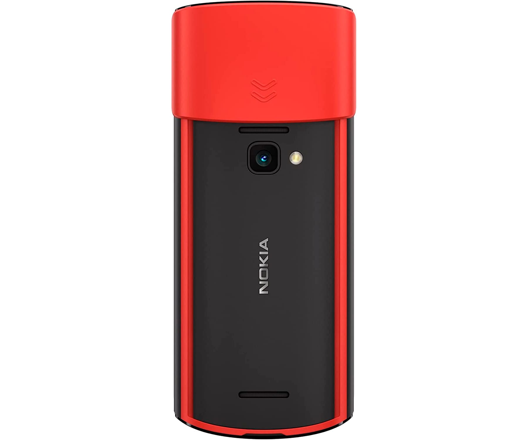 Teléfono Nokia, negro y rojo. La parte trasera tiene una cámara y el logo de Nokia.