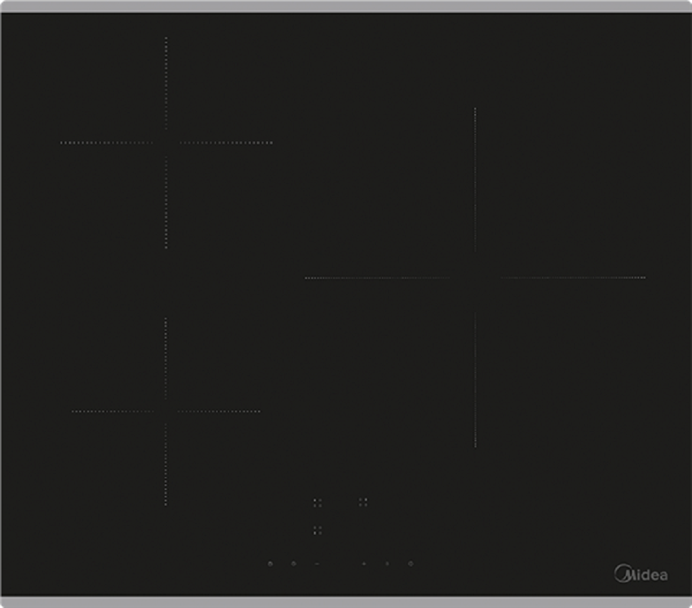 Placa de inducción negra con cuatro quemadores. Borde gris.