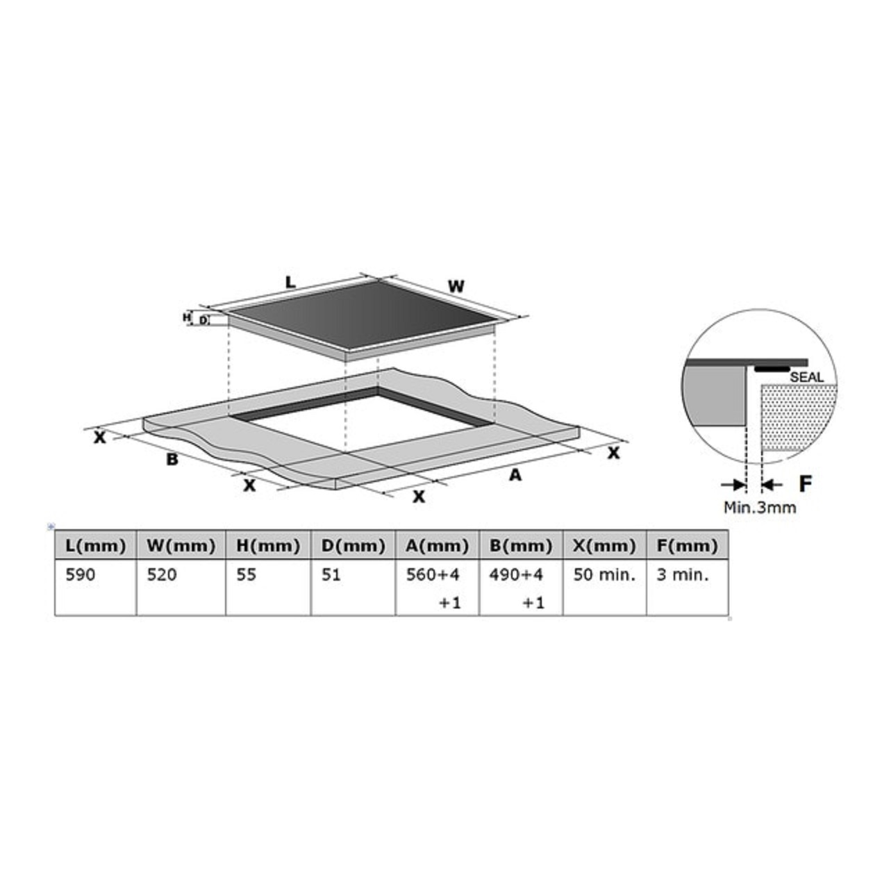Un diagrama de una placa de inducción con dimensiones y un detalle del sello.