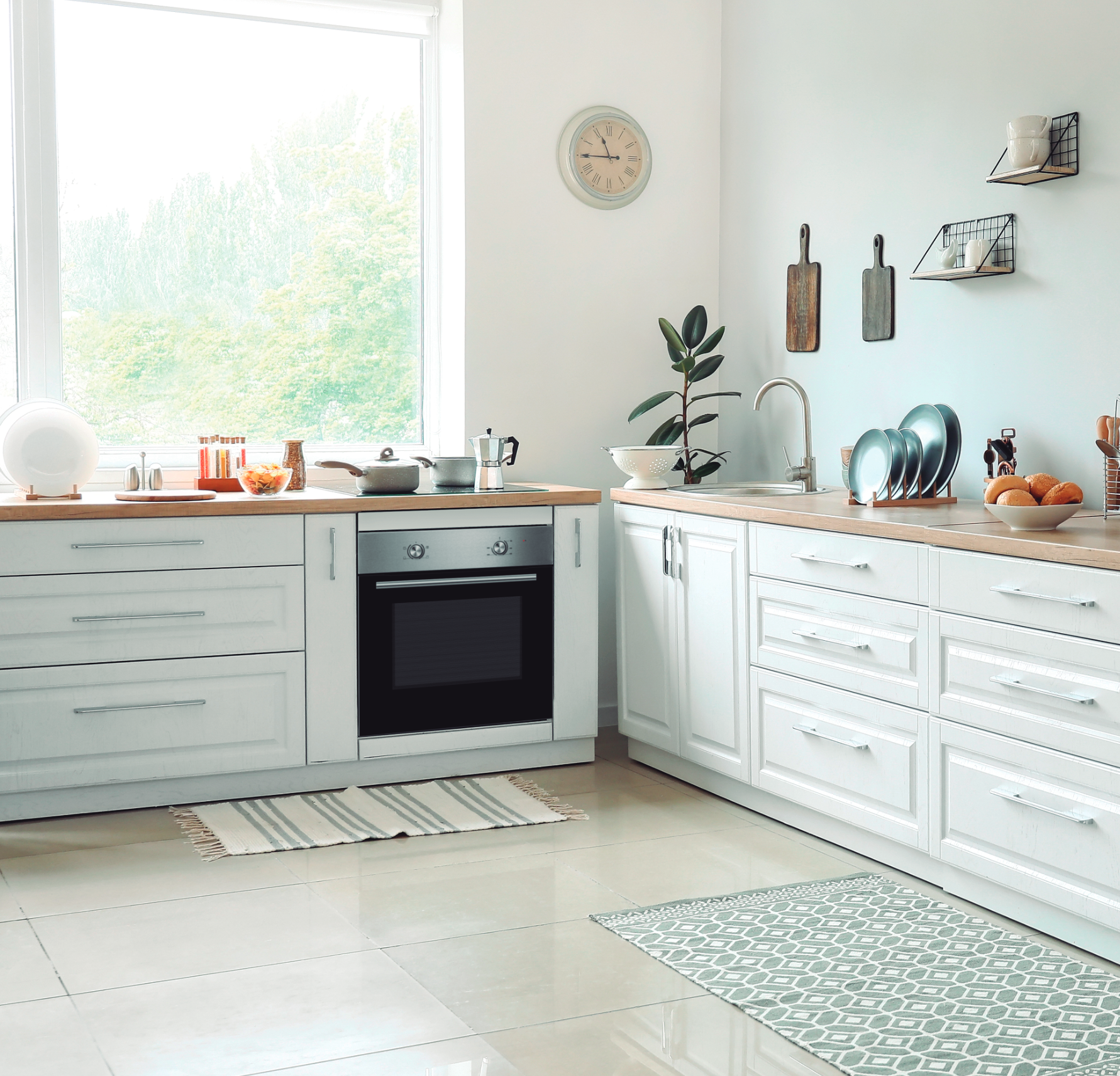Una cocina blanca con armarios, un horno y una ventana. La cocina es luminosa y tiene un diseño moderno.