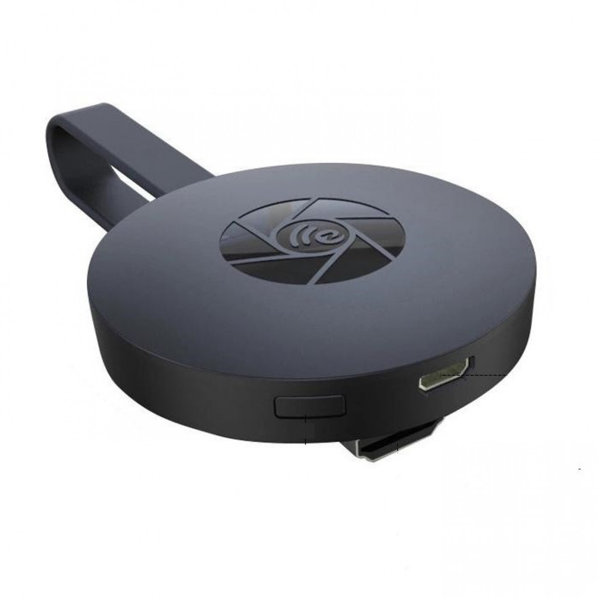 Schwarzes Chromecast-Gerät. Es ist kreisförmig mit einem HDMI-Anschluss und einer Schlaufe.