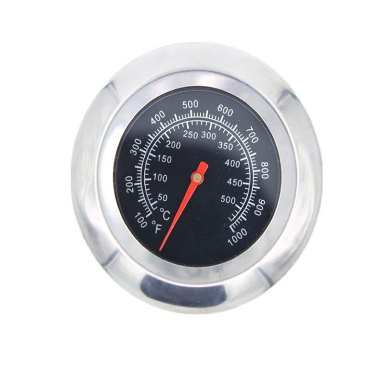 Thermometer met een zwarte wijzerplaat en een rode naald, omgeven door een zilveren metalen ring.