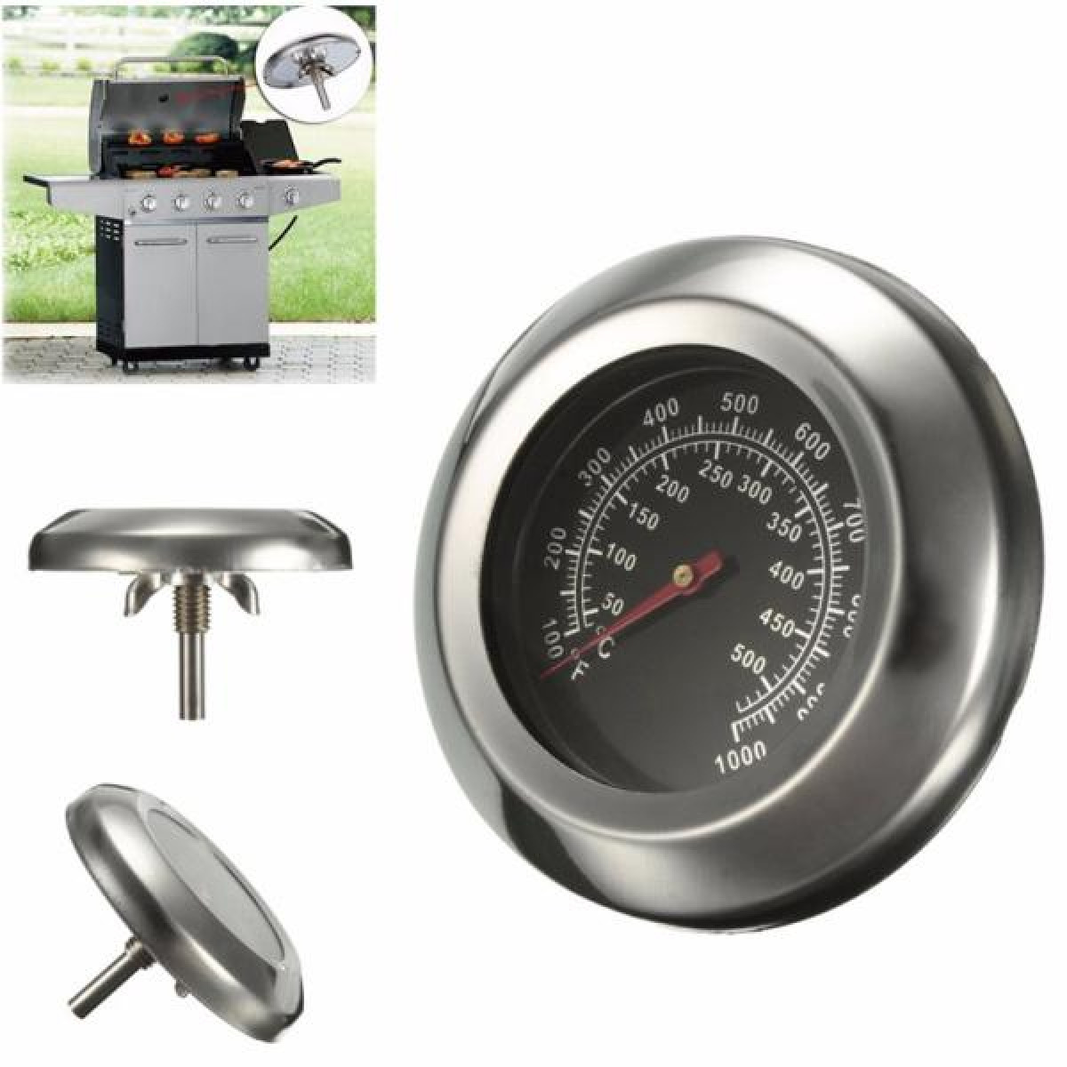 Grillthermometer met meerdere onderdelen. Grill, thermometer en details van de onderdelen.