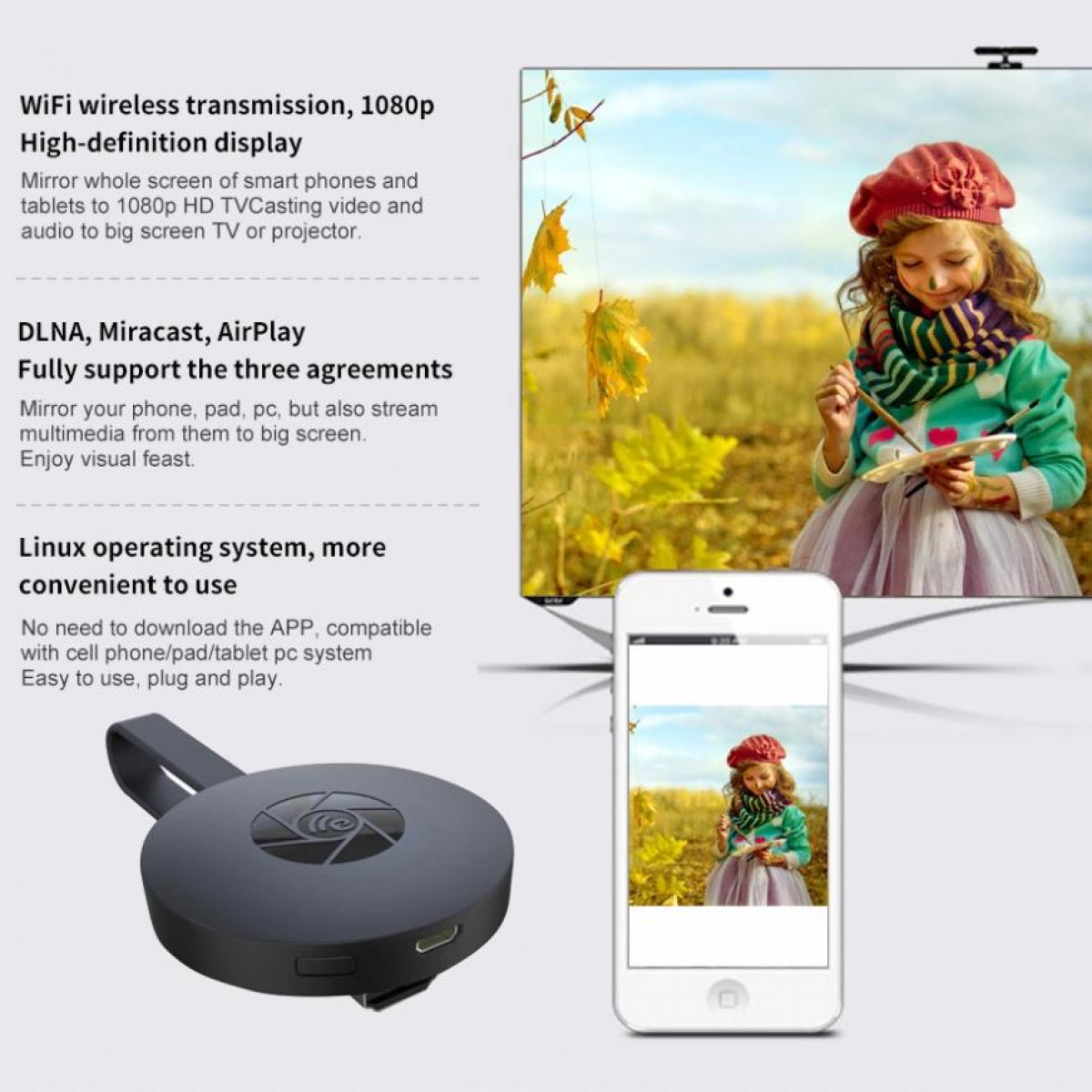 Ein schwarzes Gerät, das mit einem Fernseher, einem Telefon und einem malenden Mädchen verbunden ist.