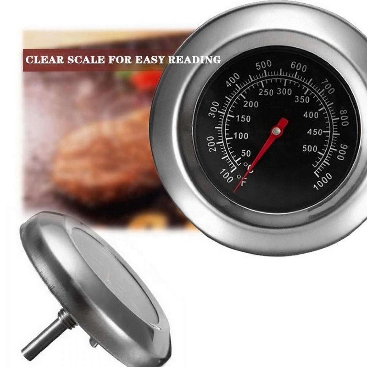 Thermometer met temperatuur. De naald geeft 150 graden Celsius aan. Een wazige afbeelding van voedsel op de achtergrond.