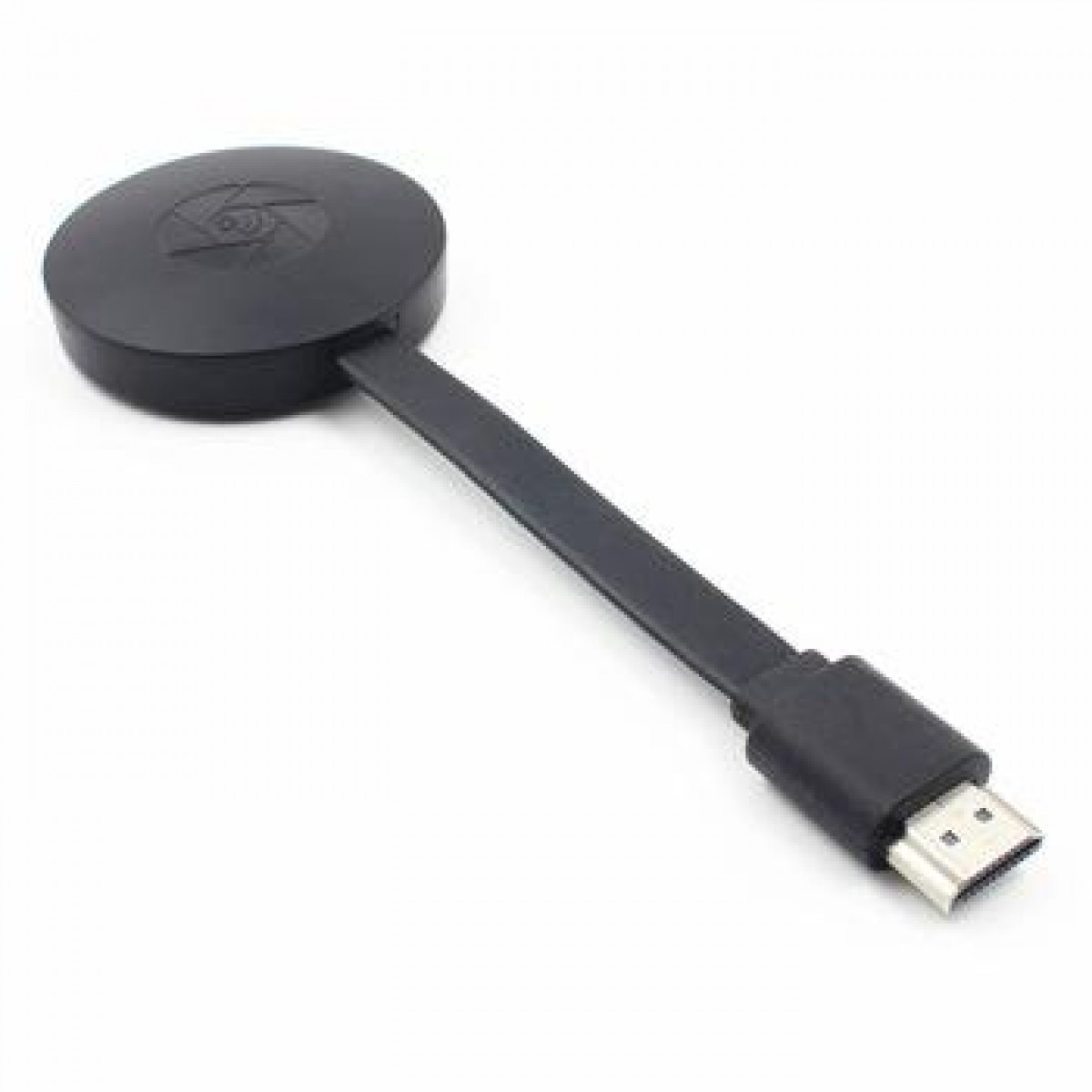 Schwarzes kreisförmiges Gerät mit schwarzem Kabel und USB-Anschluss.