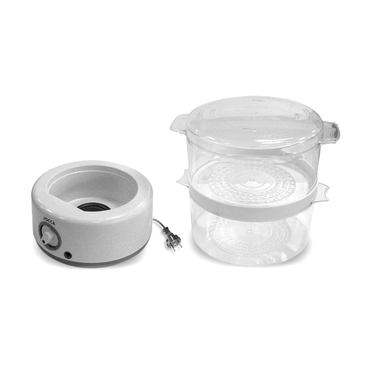 Un set spa per unghie, con un'unità riscaldante bianca e un vaporizzatore trasparente a due livelli. Sfondo bianco.