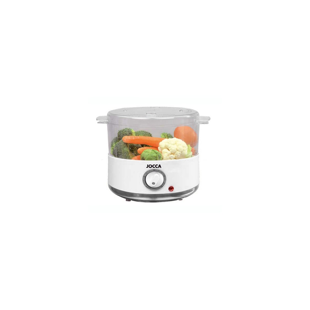 Vaporiera bianca e trasparente con broccoli, carote e cavolfiore.