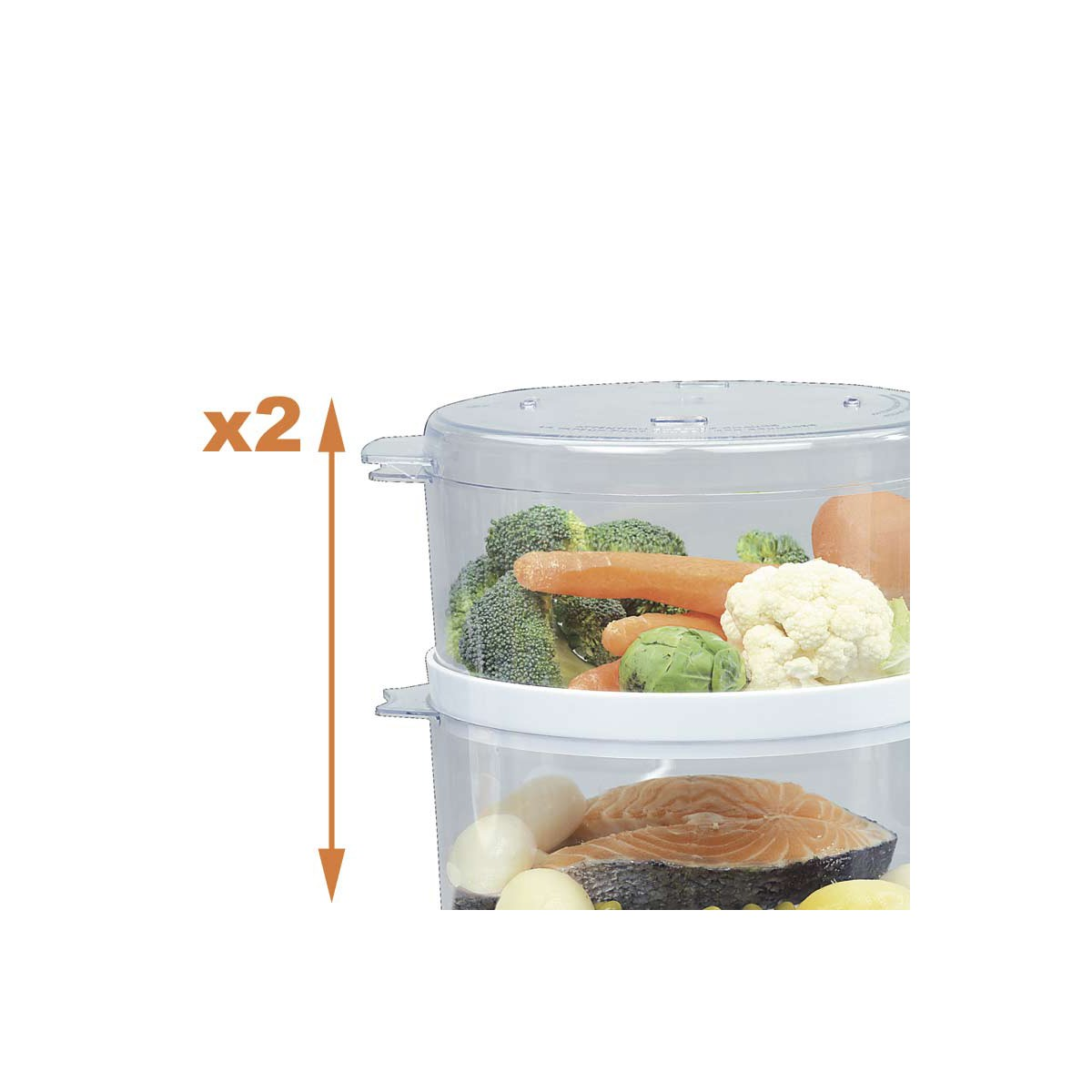 Una vaporiera trasparente a due livelli con verdure e salmone, con freccia e x2.