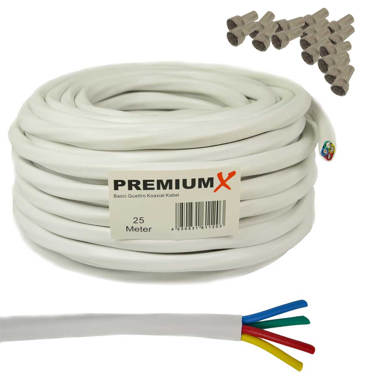 PREMIUMX 25m Basic Quattro Koaxial Weiß Antennenkabel F-Stecker SAT Kabel Quad 16x 90dB