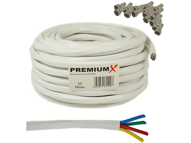 PREMIUMX 25m 16x Antennenkabel Basic 90dB Weiß Kabel Koaxial F-Stecker Quattro SAT Quad