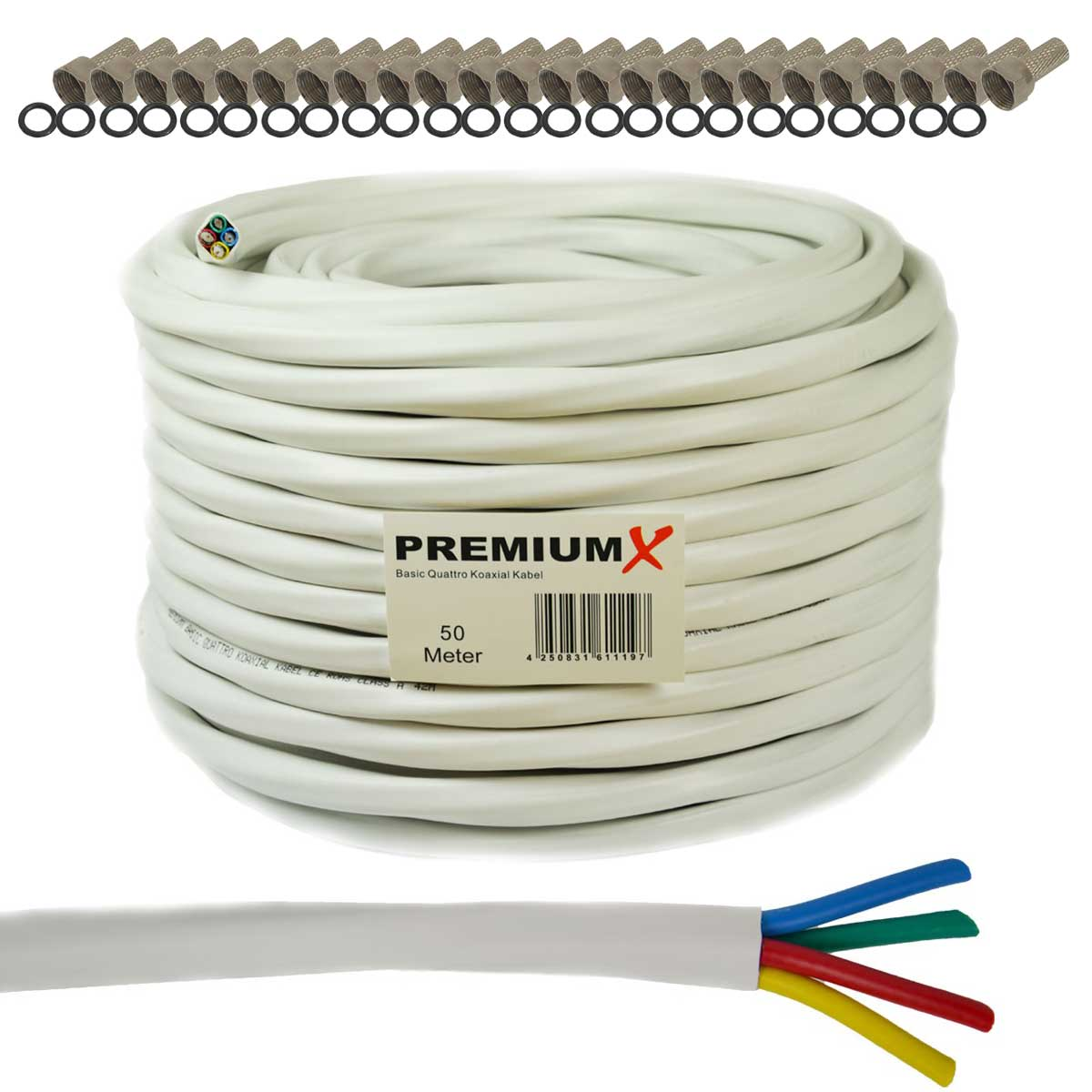PREMIUMX 50m Basic Quattro Quad Kabel 24x SAT F-Stecker Antennenkabel Koaxial 90dB Weiß