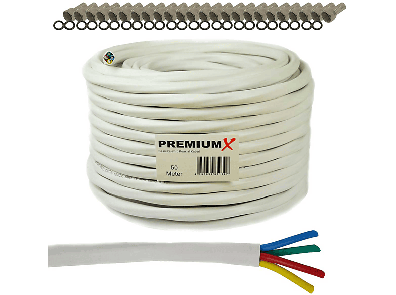 PREMIUMX 50m Basic Quattro Quad Koaxial SAT Kabel 90dB Weiß 24x F-Stecker Antennenkabel