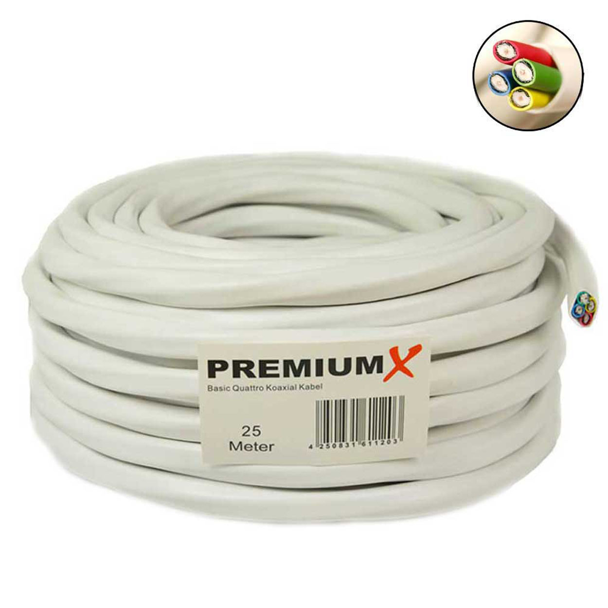 PREMIUMX 25m Basic Quattro Quad Kabel 16x Koaxial Weiß Antennenkabel 90dB SAT F-Stecker