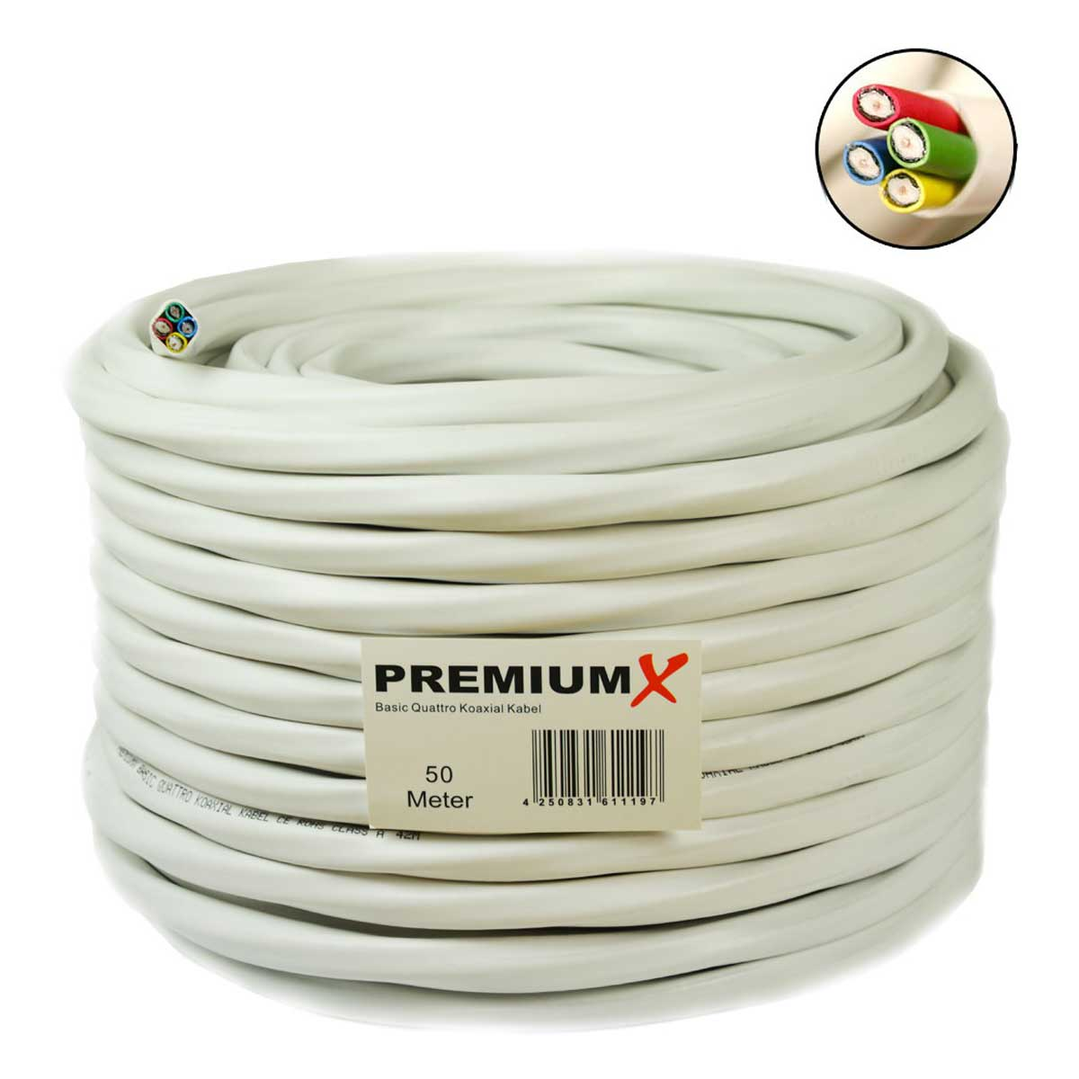 PREMIUMX 50m SAT Quad 24x 90dB Basic Quattro Weiß F-Stecker Antennenkabel Kabel Koaxial