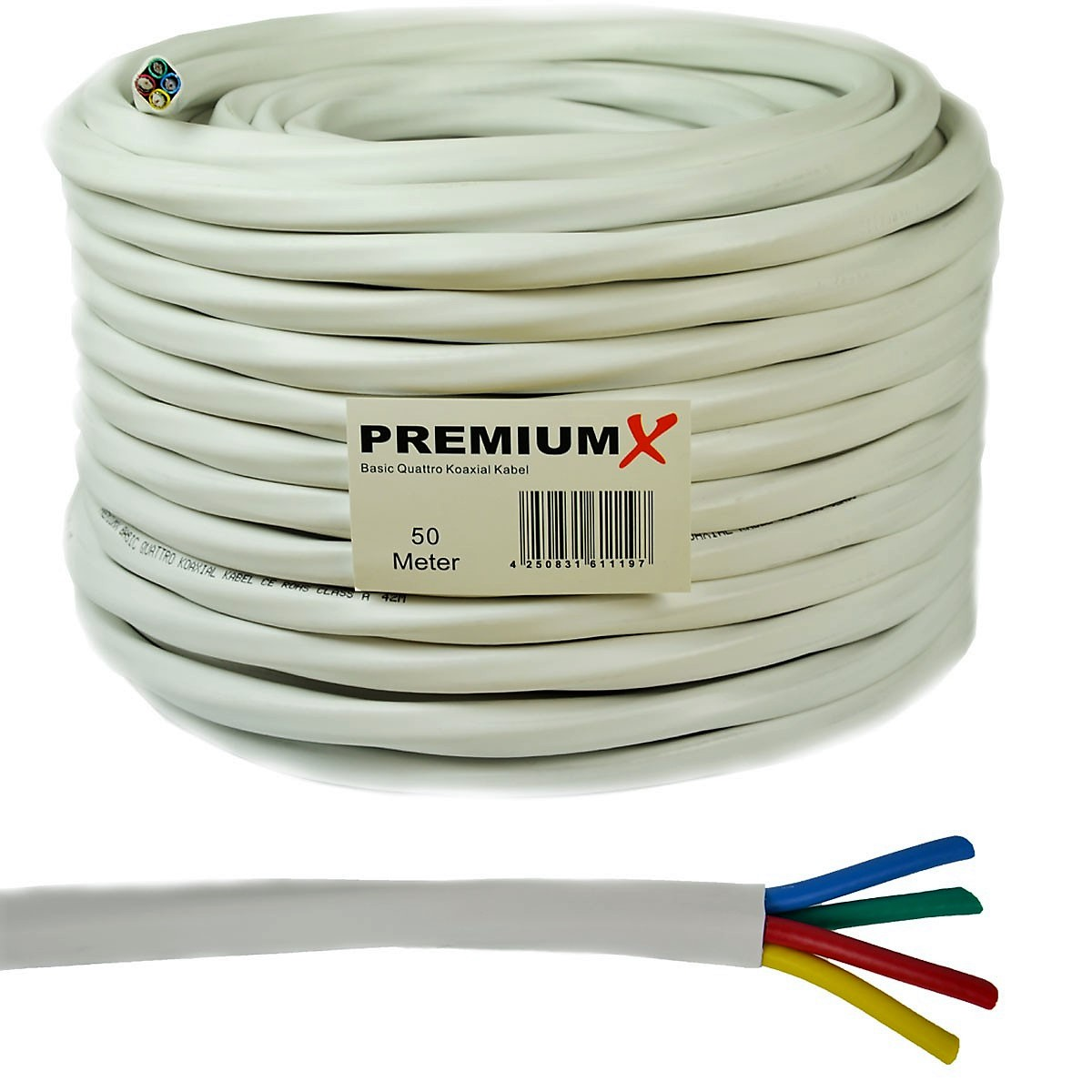 PREMIUMX 50m SAT Quad 24x 90dB Basic Quattro Weiß F-Stecker Antennenkabel Kabel Koaxial
