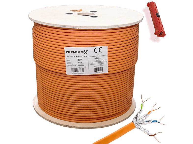 PREMIUMX 500m CAT 7 Netzwerkkabel Simplex LAN Ethernet Kabel Abisolierer, Netzwerkkabel, 500 m