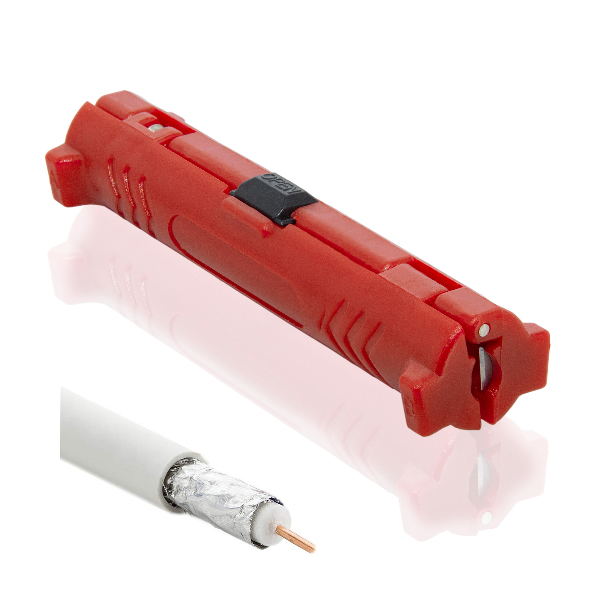 Roter Kabelabisolierer mit weißem Kabel mit freiliegenden Drähten daneben.