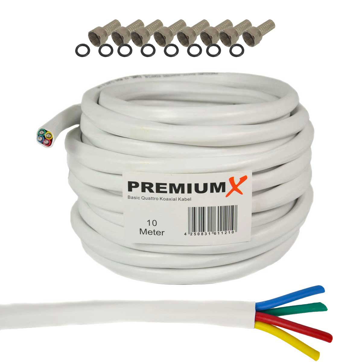 PREMIUMX 10m Basic Quad Weiß F-Stecker Kabel SAT Antennenkabel Koaxial 90dB 8x Quattro