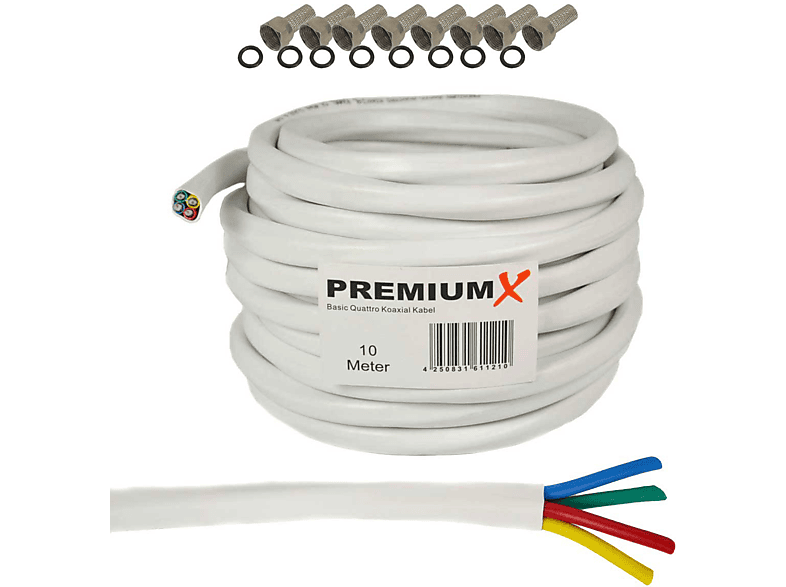 PREMIUMX 10m Basic Quattro Quad Koaxial SAT Kabel 90dB Weiß 8x F-Stecker Antennenkabel