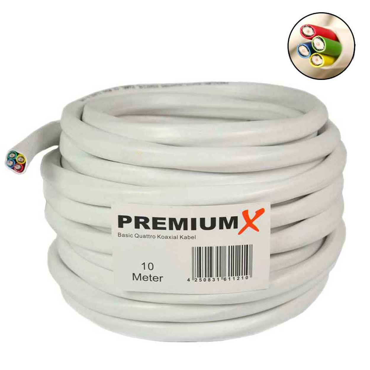 PREMIUMX 10m Basic Kabel Antennenkabel 90dB Quad Koaxial Weiß SAT Quattro F-Stecker 8x