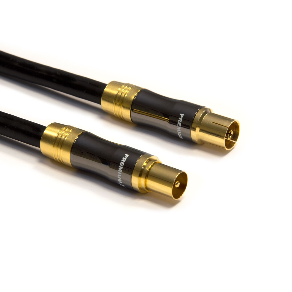 Zwei schwarze Koaxialkabel. Die Enden haben goldfarbene Anschlüsse.