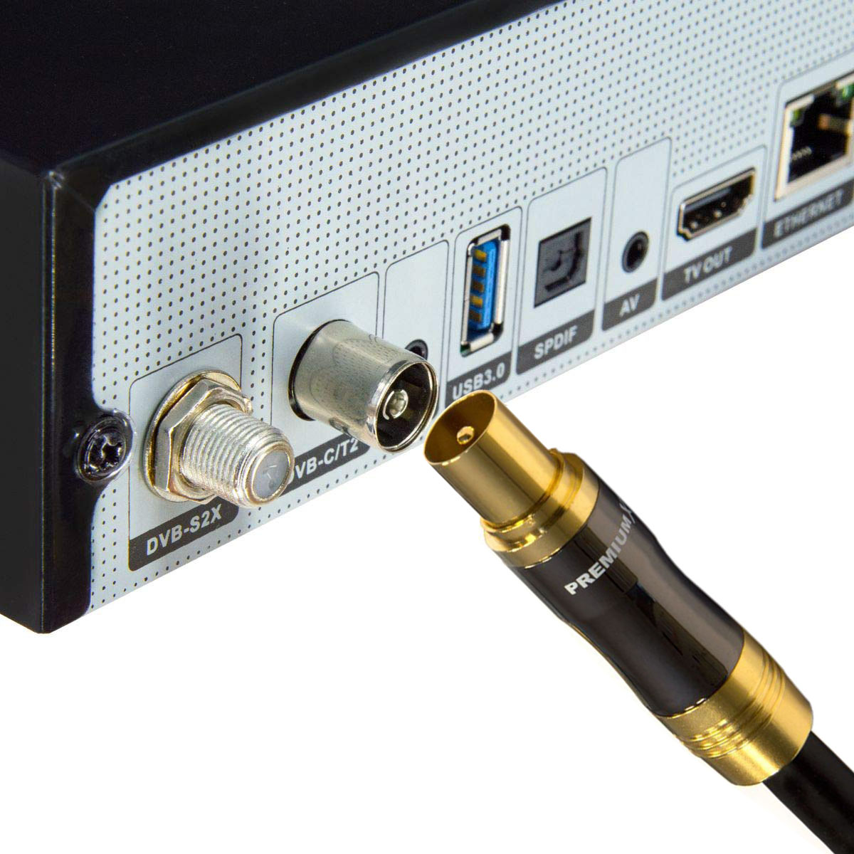Ein TV-Kabel wird an einen Receiver mit verschiedenen Anschlüssen, einschließlich USB und HDMI, angeschlossen.