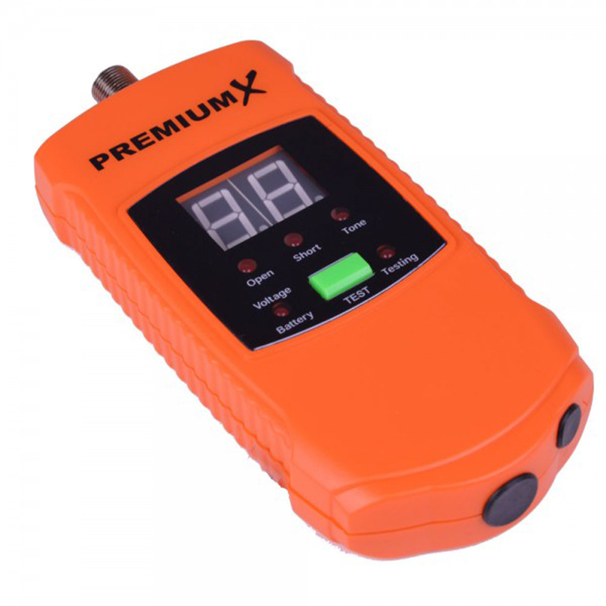 Oranges elektronisches Gerät mit Digitalanzeige, Knöpfen und dem Text 'PREMIUMX', auf Weiß.