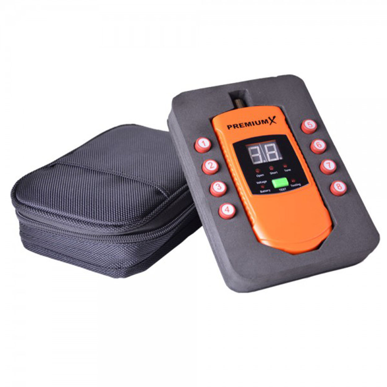 Ein orangefarbener Premium X Kabeltester mit Knöpfen und Display, neben einer schwarzen Tragetasche.