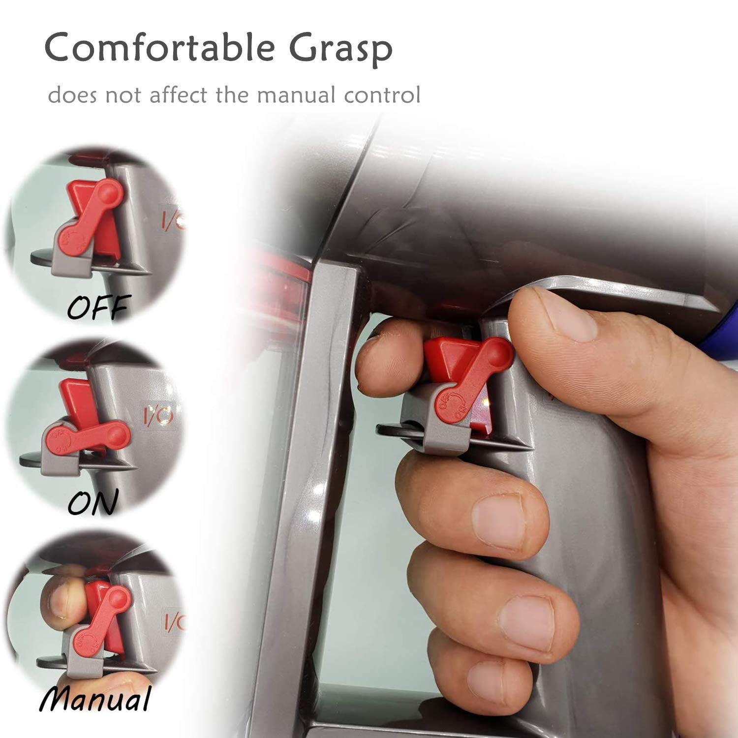 Uchwyt odkurzacza z czerwonymi przyciskami spustu, oznaczonymi OFF, ON i Manual.