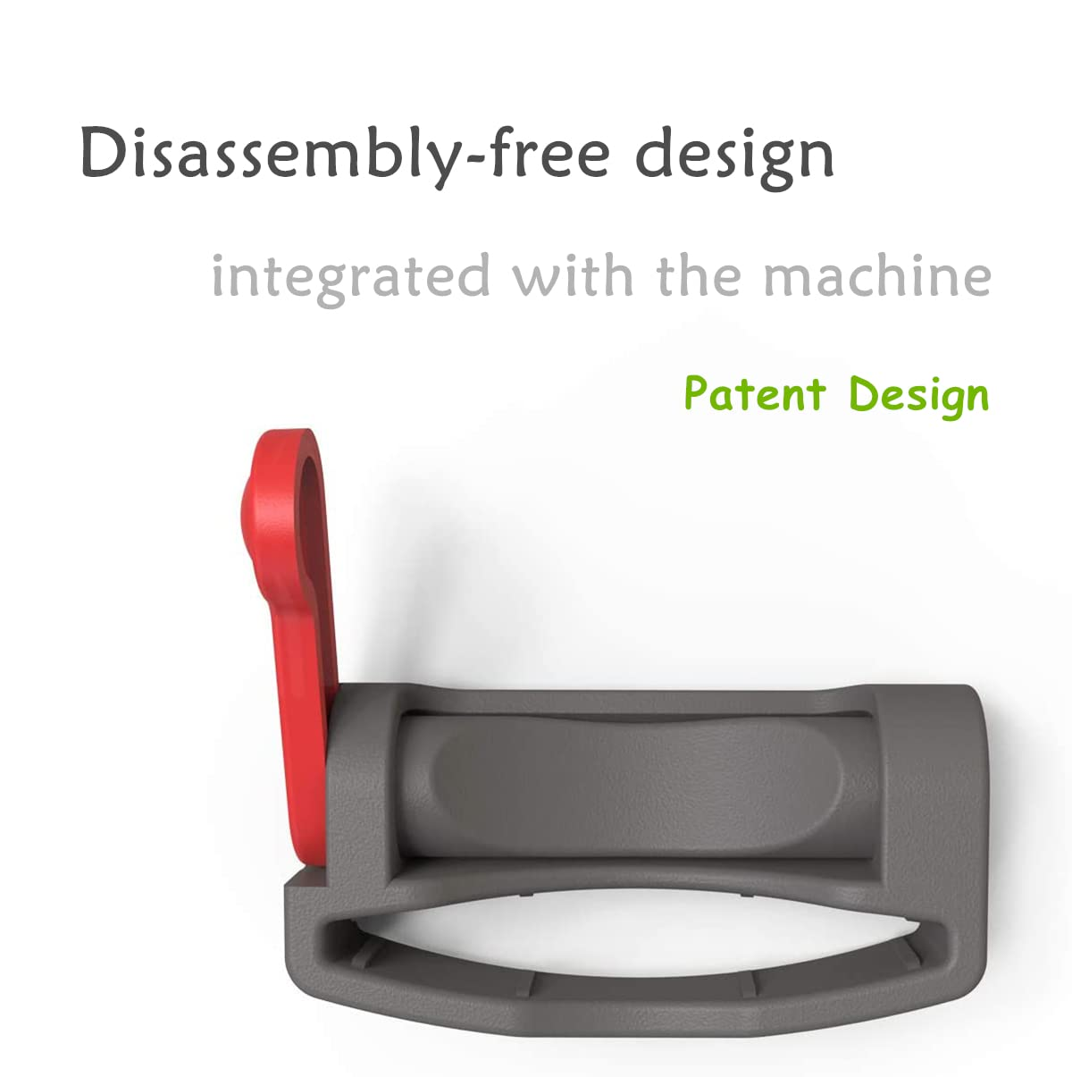 Szary i czerwony uchwyt z maszyny. Tekst: 'Konstrukcja bez demontażu, Projekt patentowy'.