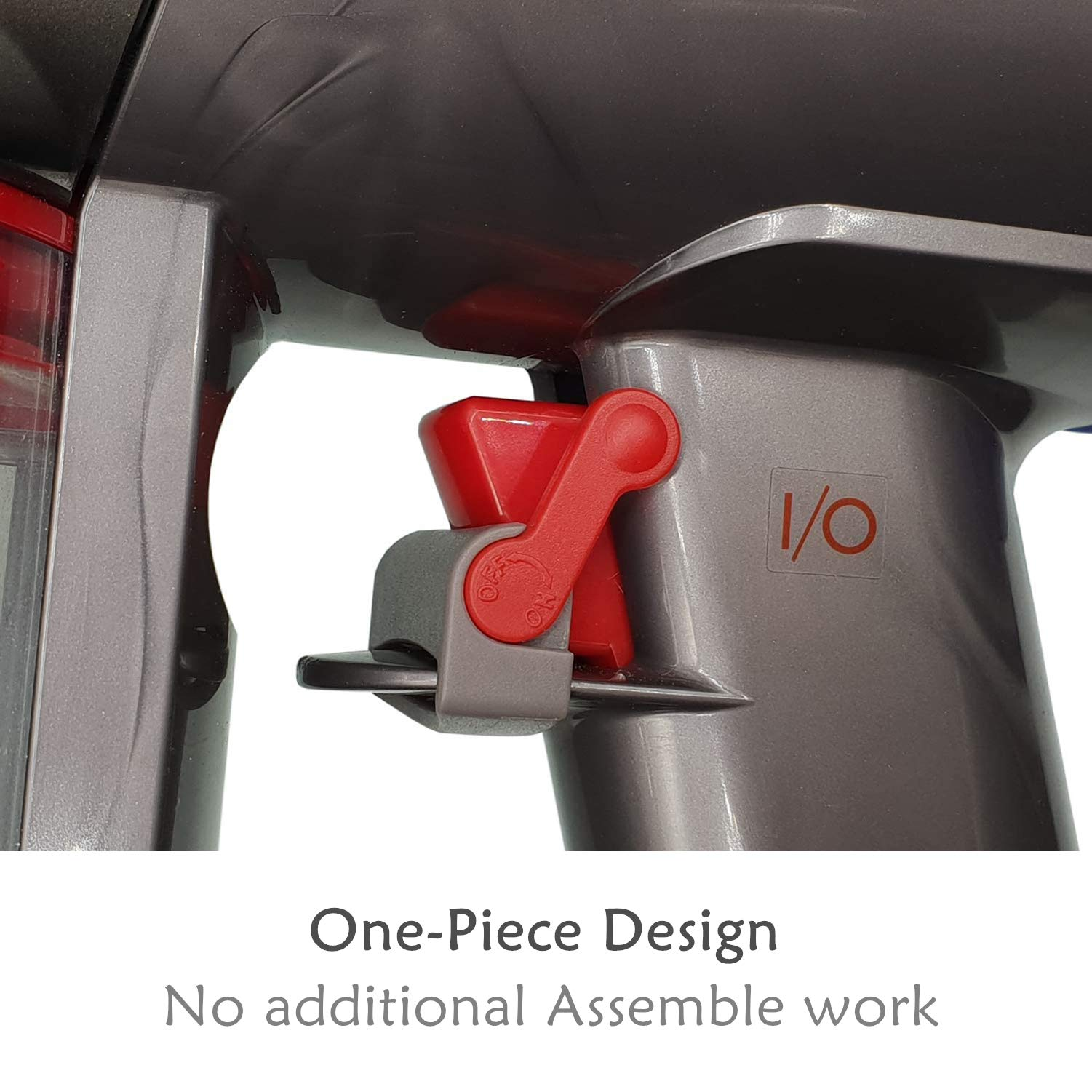 Zbliżenie szarego odkurzacza z czerwonym przełącznikiem oznaczonym jako 'ON' i 'OFF'.