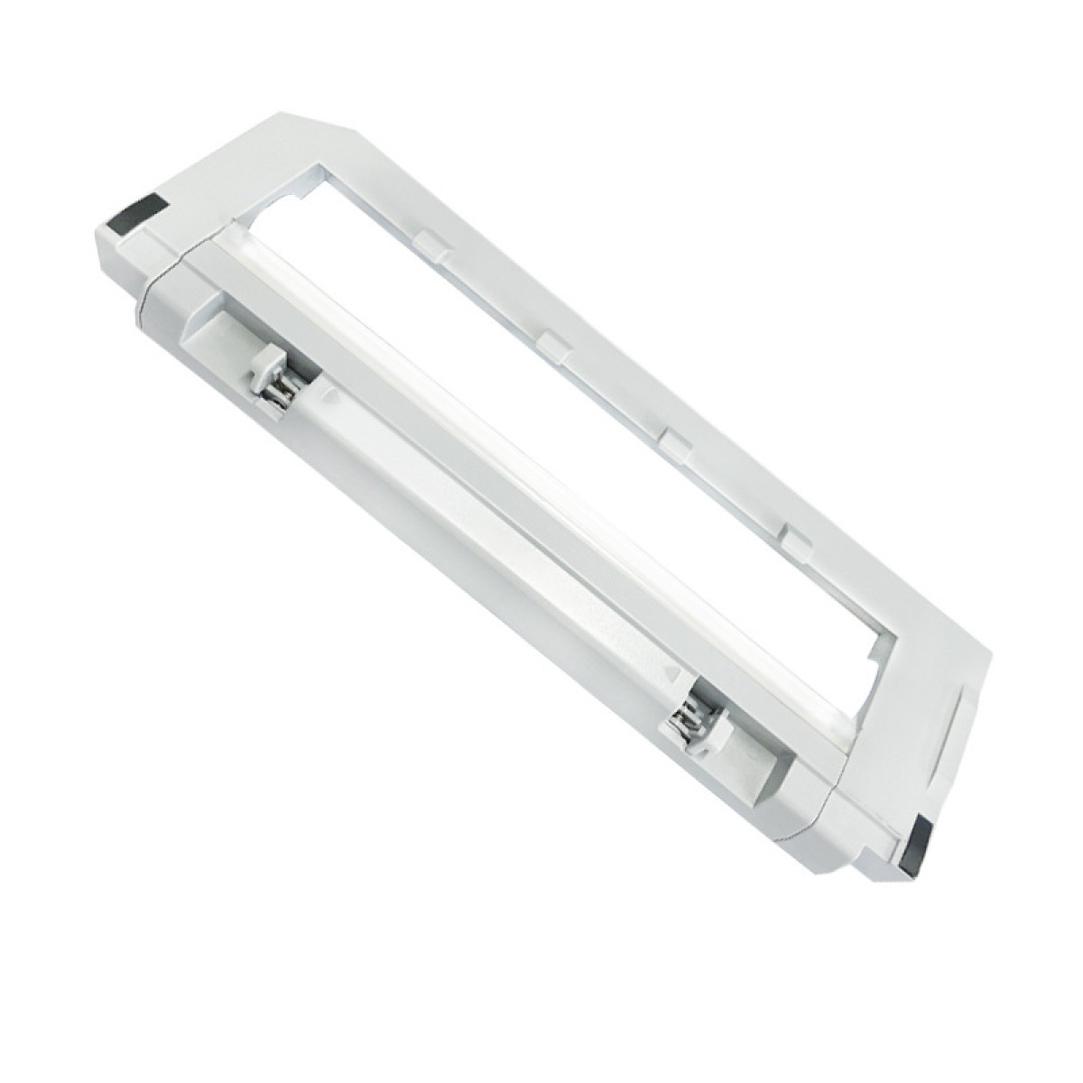 Biała prostokątna oprawa oświetleniowa ze szklanym panelem i wspornikami.