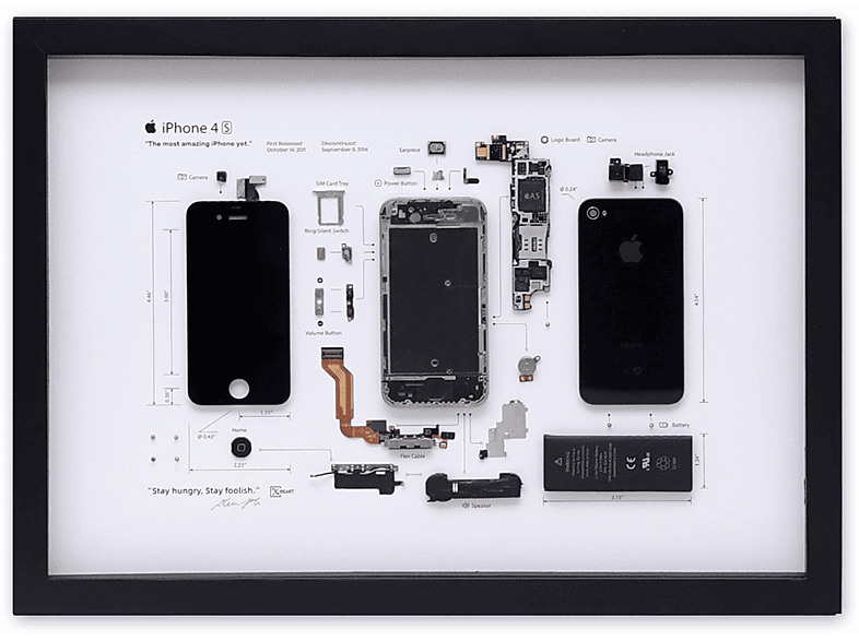 XREART Demontiertes iPhone 4s im Bilderrahmen (32,6 x 44,4 cm, Schwarz)