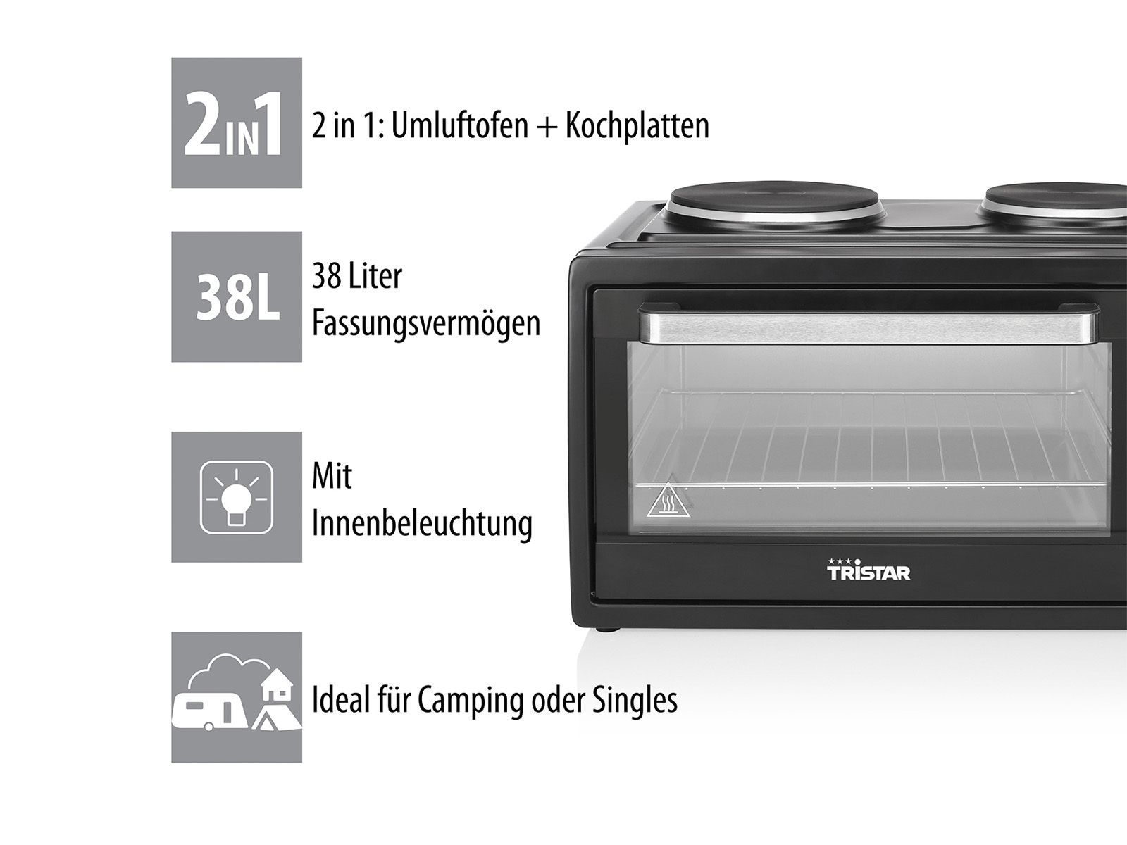 Mini forno nero con due fuochi, testo sul lato.