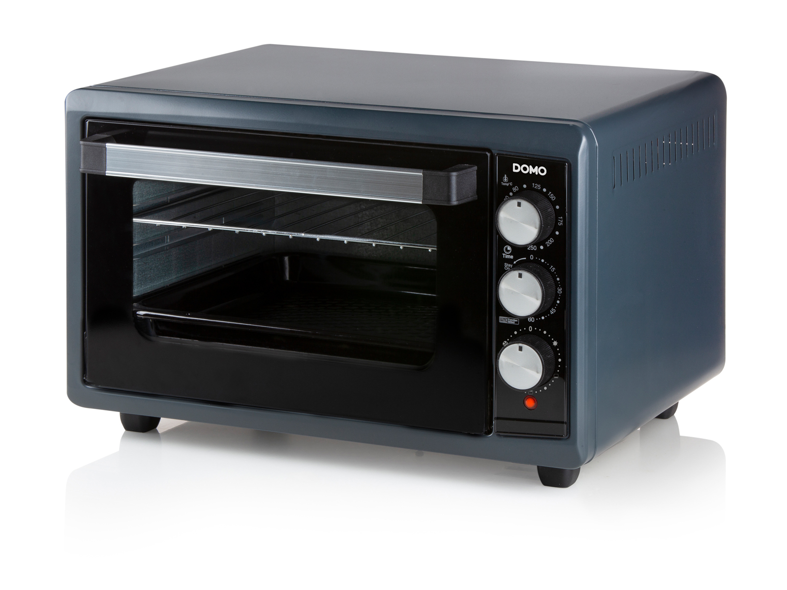 Ciemnoszary piekarnik z elementami sterującymi i szklanymi drzwiami.